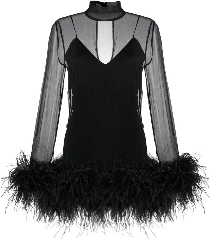 Feather-Trim Long-Sleeve Mini Dress