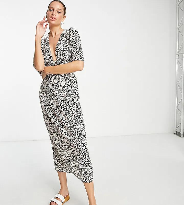 ASOS DESIGN Tall plisse short sleeve channel waist detail midi dress in black and pink rose