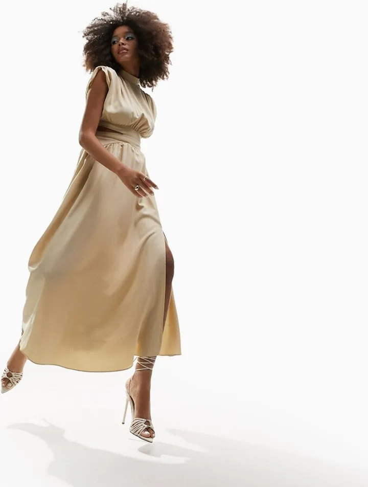 ASOS DESIGN cut out sleeveless high neck midi dress in oatmeal