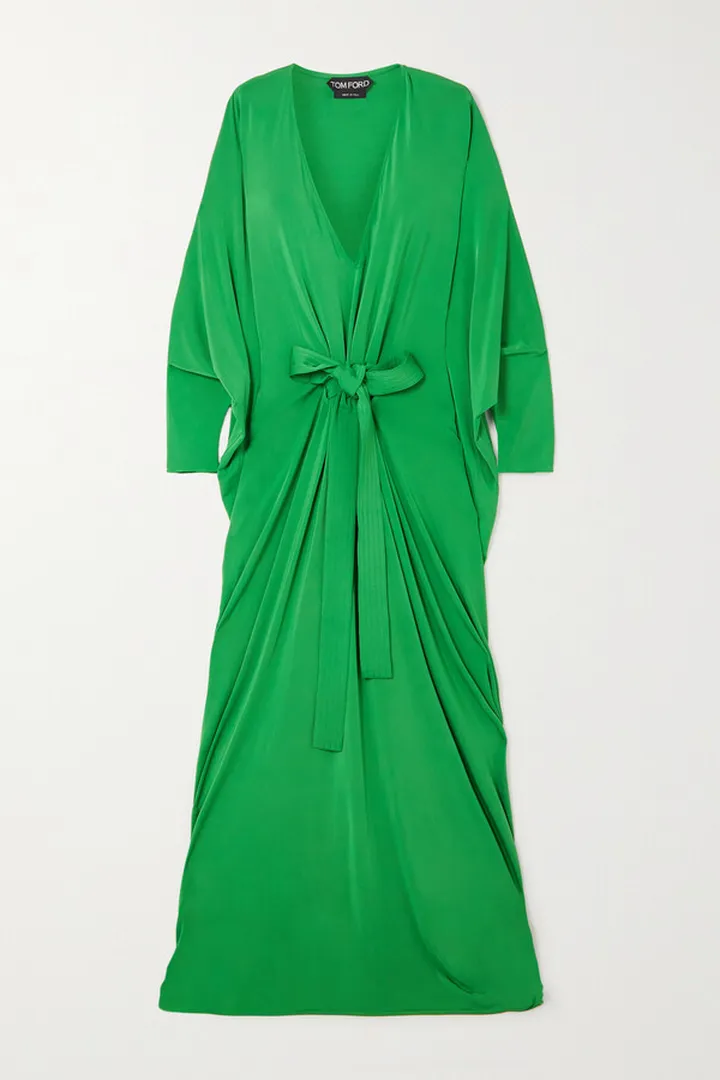 TOM FORD - Belted Velvet-trimmed Silk-jersey Gown - Green