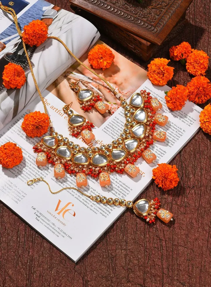 Gold Plated Kundan Beaded Necklace, Earrings and Maang Tikka Set