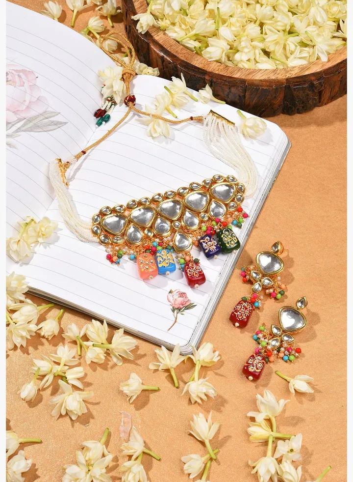 Gold Plated Kundan Beaded Necklace and Earring Set
