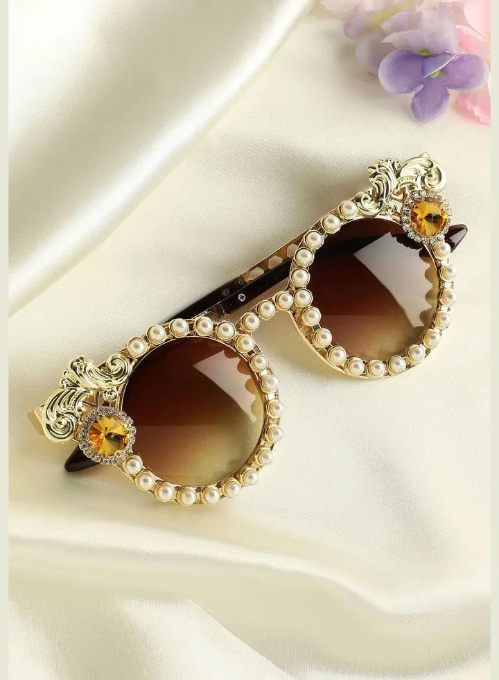 Gold Plated Designer Stone Western Wear Sunglass For Women