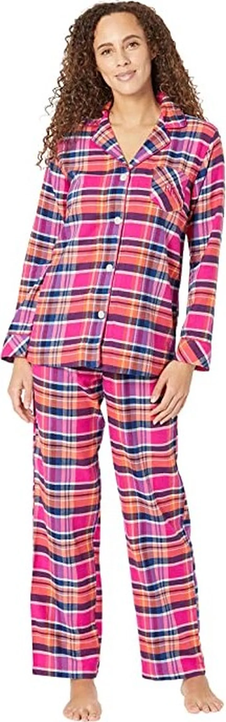 LAUREN Ralph Lauren Long Sleeve Brushed Twill Notch Collar PJ Set (Pink Plaid) Women's Pajama Sets