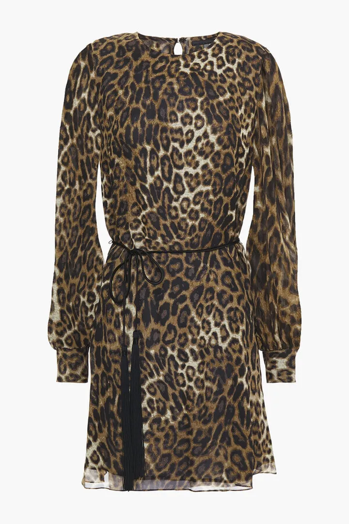 Belted leopard-print silk-chiffon mini dress