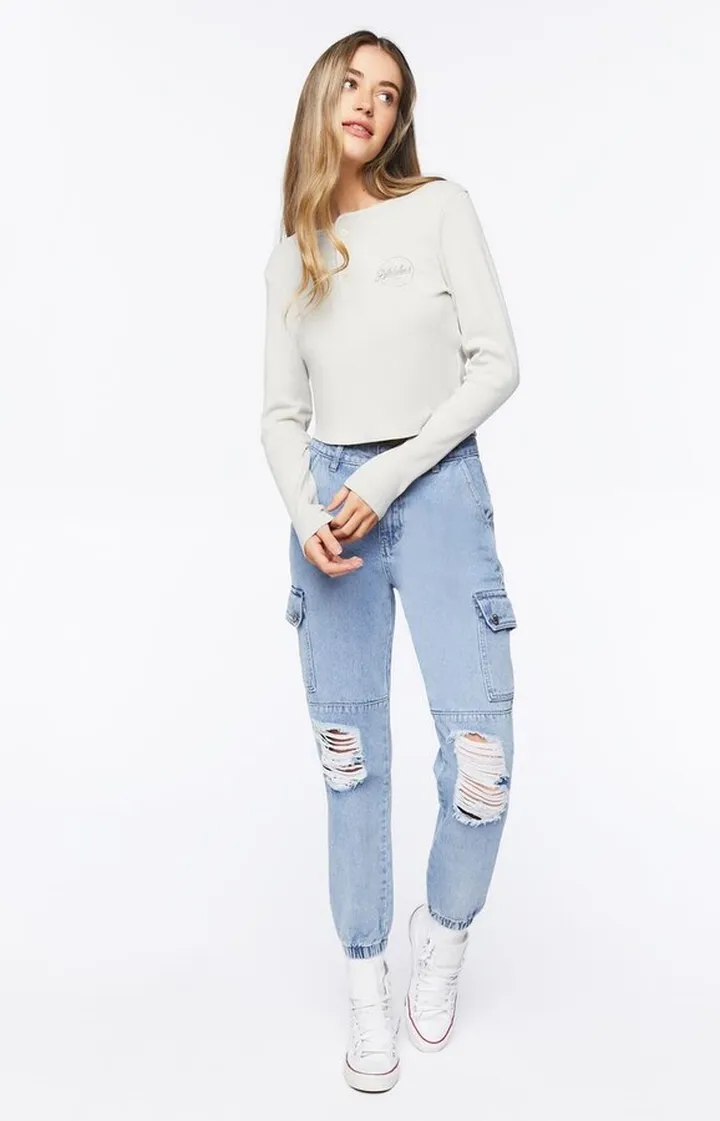 Distressed Denim Cargo Joggers