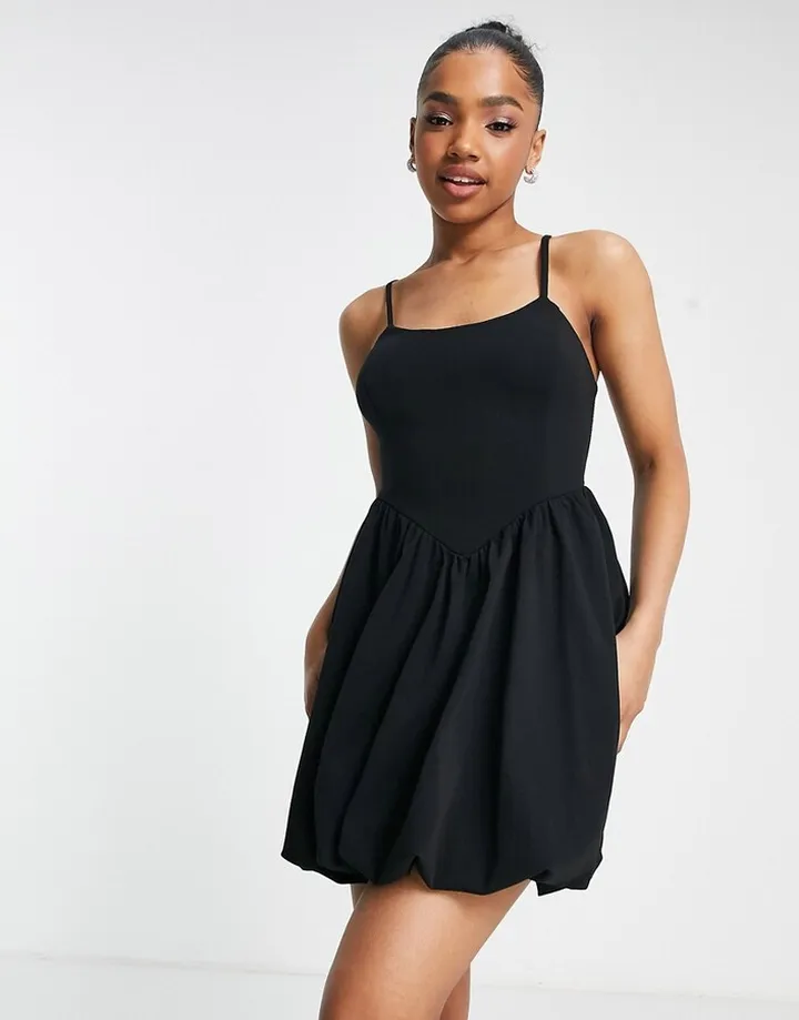 Miss Selfridge corset detail strappy puffball mini dress in black
