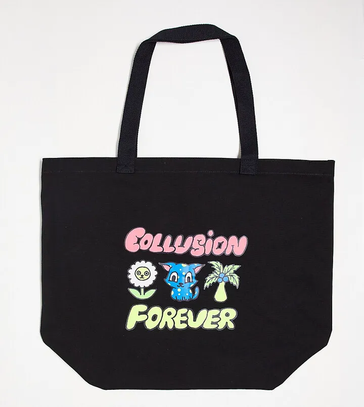 COLLUSION Unisex branded printed tote bag in black