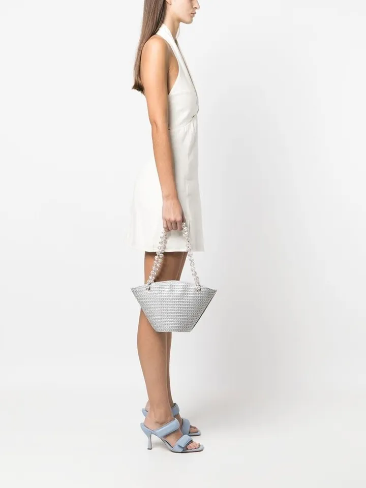 Basket-Weave Pearl-Strap Tote Bag
