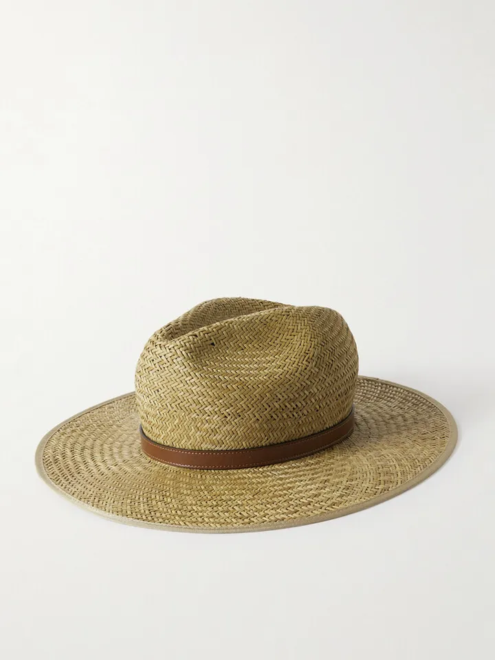 Little Mors Horsebit Leather-Trimmed Straw Fedora