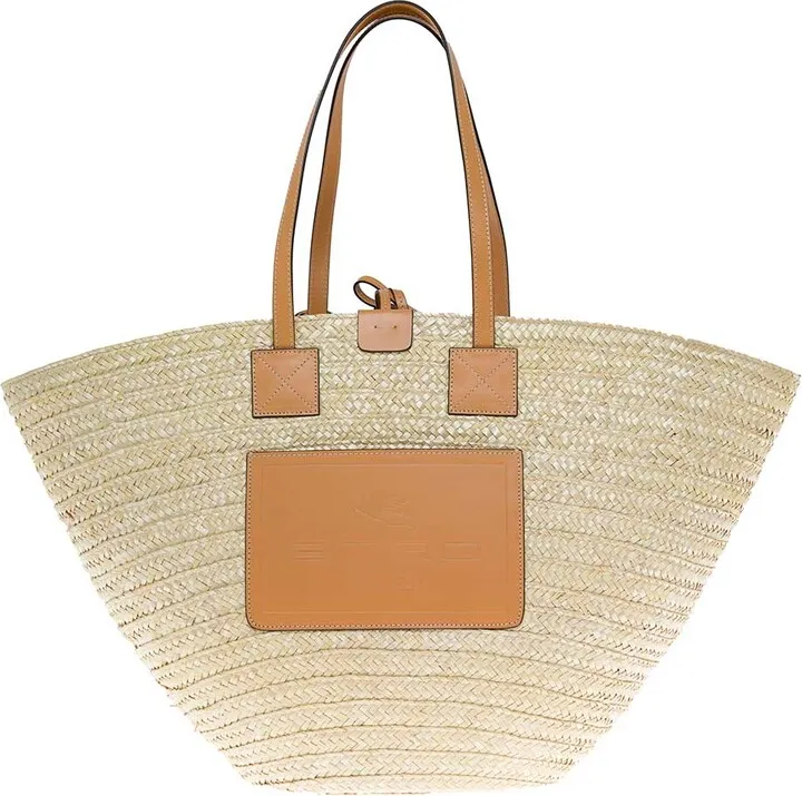 Beige Straw And Leather Shopper Bag With Logo