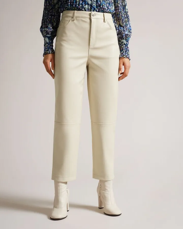 Straight Leg Faux Leather Trousers in Natural