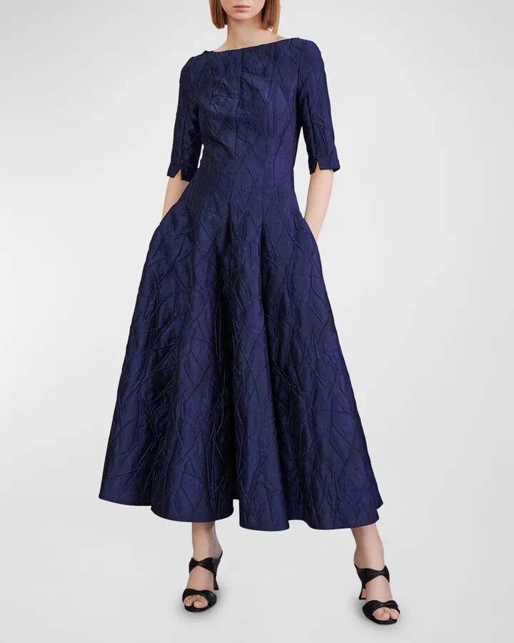 Rose Jacquard Elbow-Sleeve Midi Dress