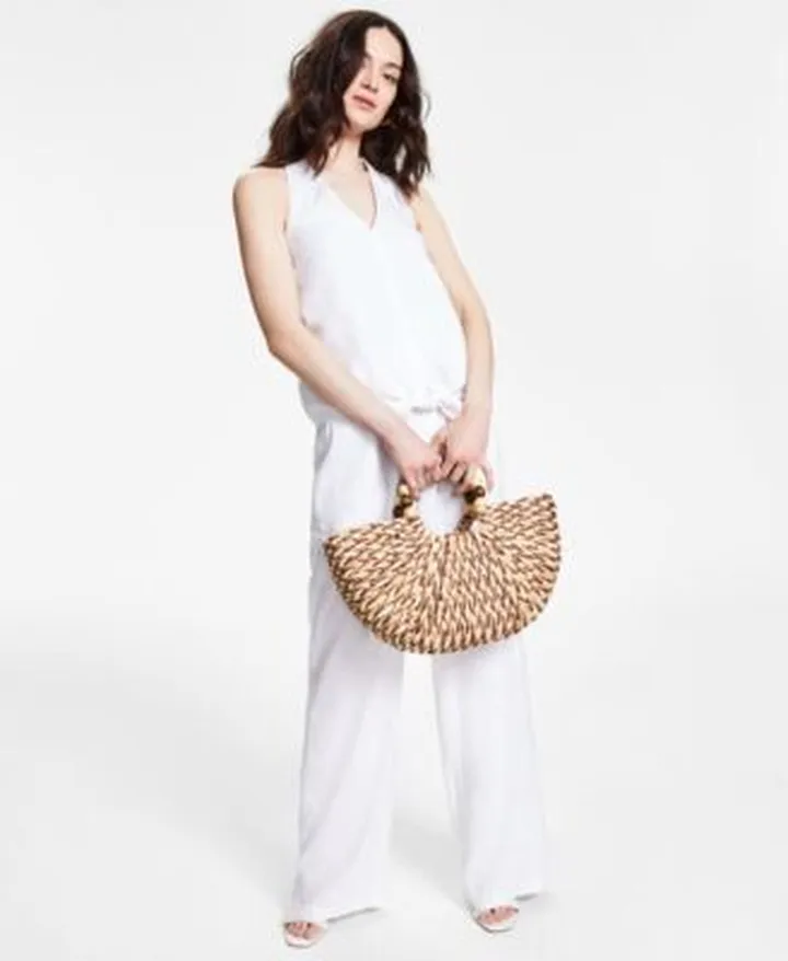Inc International Concepts Womens Sleeveless Linen Top Paperbag Waist Pants Lexini Two Piece Sandals Straw Tote Created For Macys
