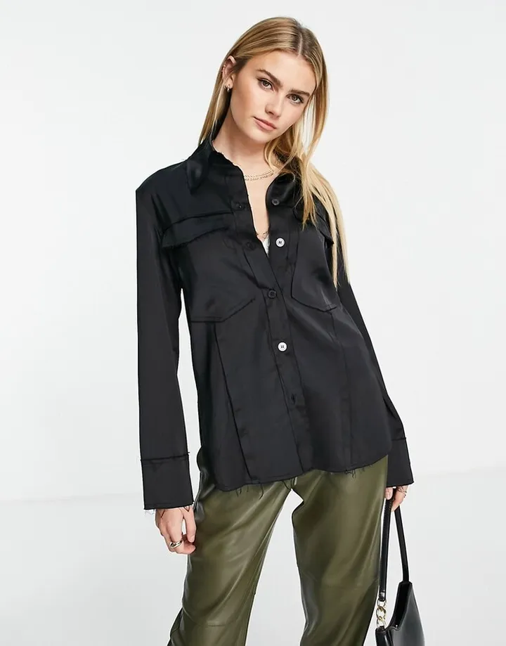 Topshop raw edge satin shirt in black