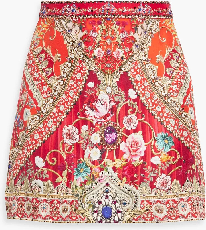 Crystal-embellished printed silk-satin mini skirt