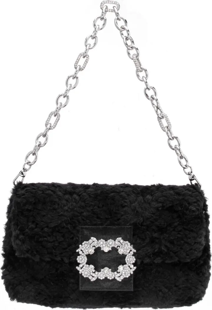 Nina Women's Faux Fur Baguette Bag with Crystal Buckle