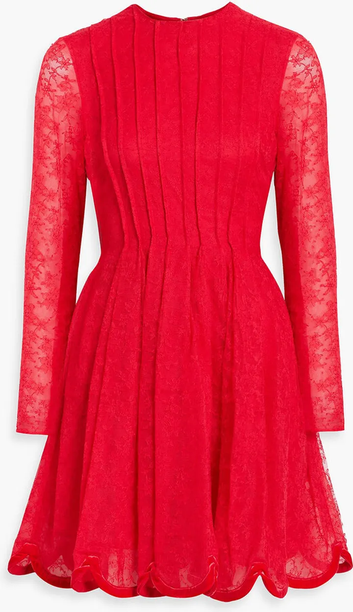 Velvet-trimmed pintucked lace mini dress