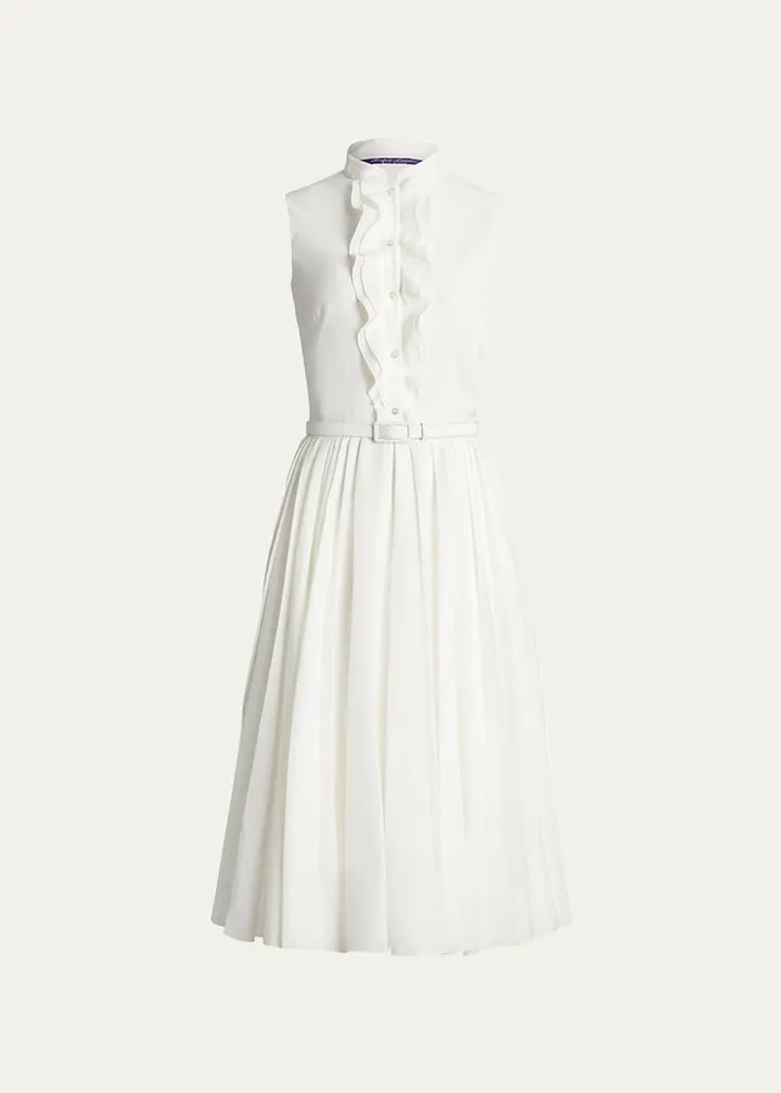 Roald Ruffle-Front Belted Pleated Midi Shirtdress