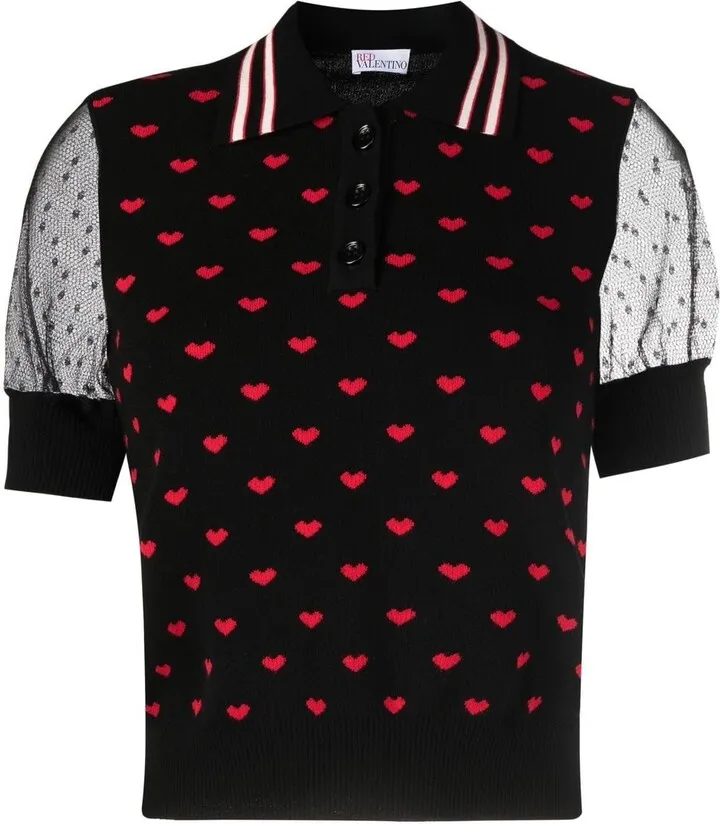 Heart-Print Polo Collar Top