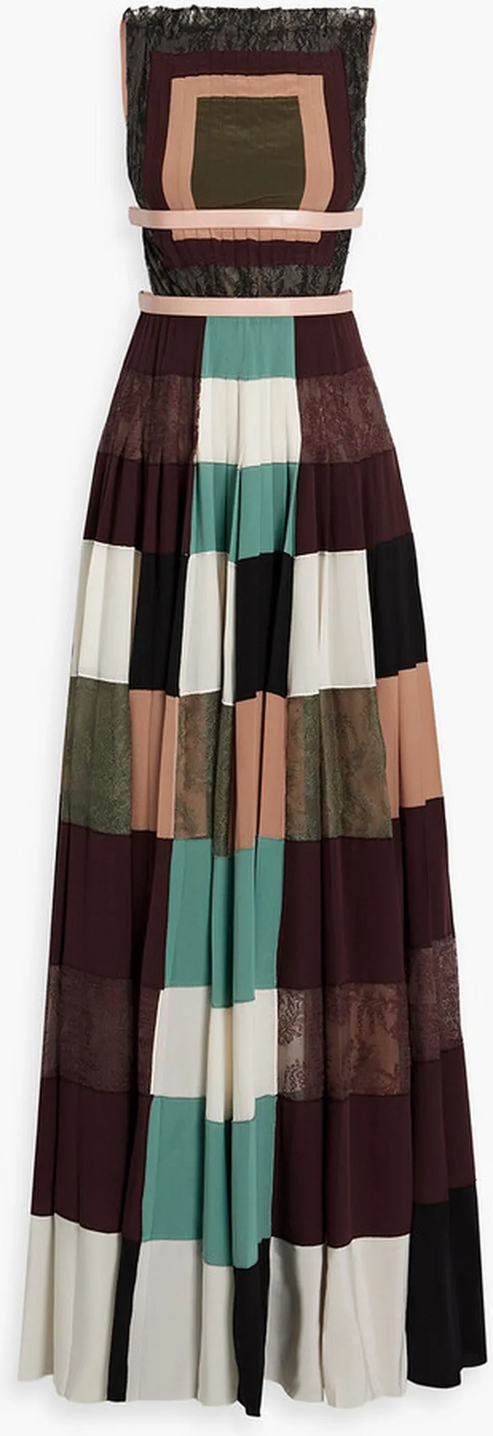 Pleated patchwork-effect lace and crepe de chine maxi dress