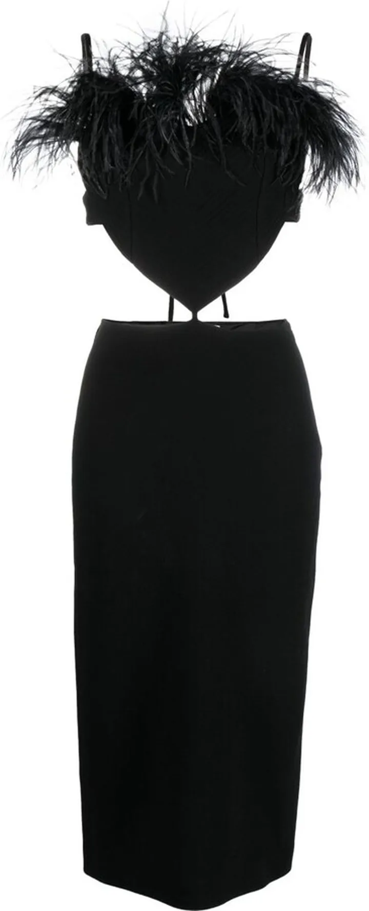 Black Feather Trim Cut-Out Midi Dress