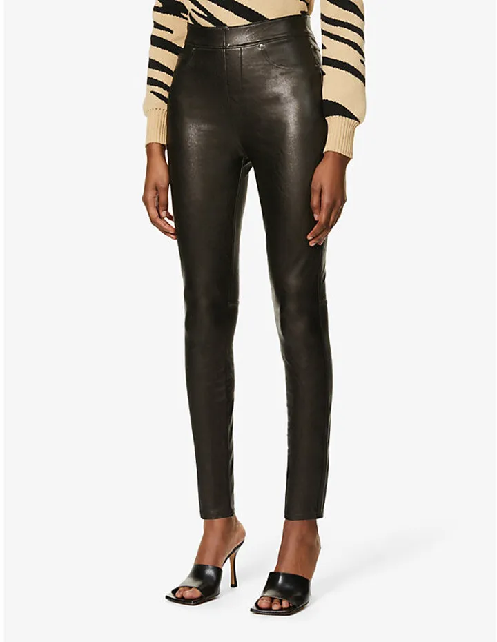 Womens Black ike eather Skinny High-rise Faux-leather Trousers