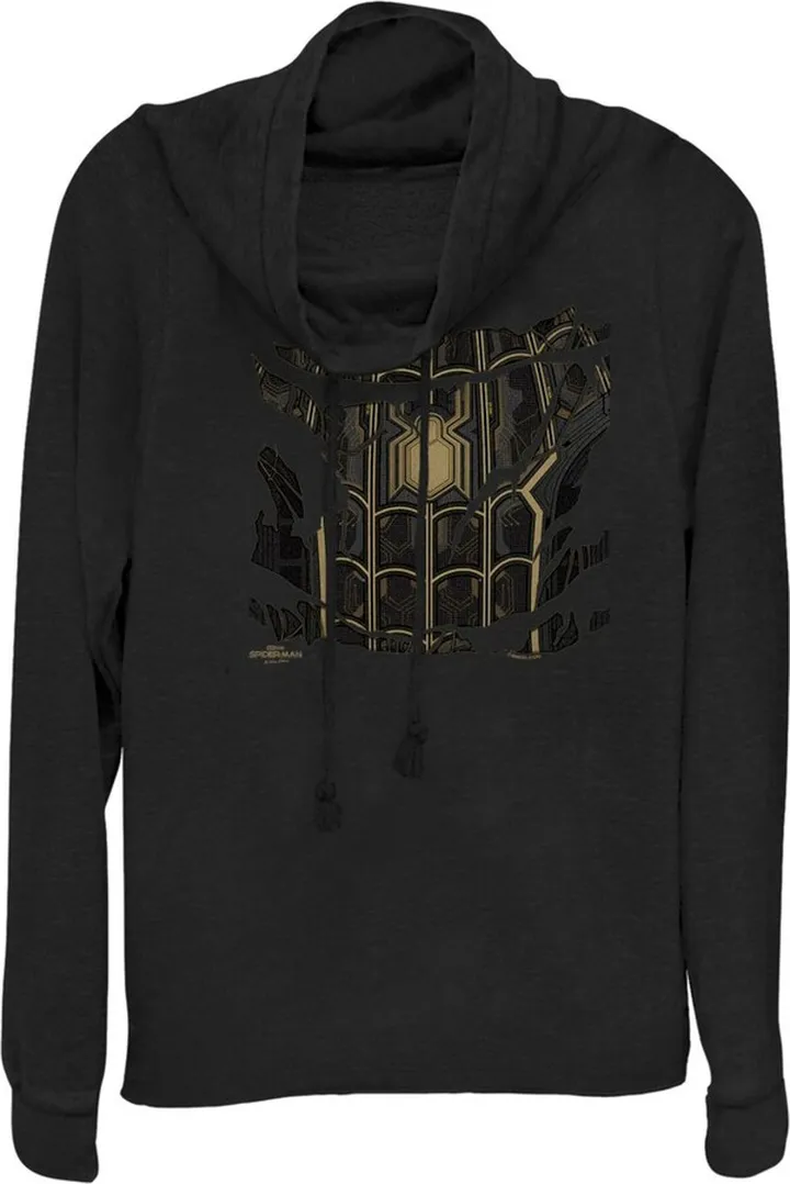 Junior's Marvel Spider-Man: No Way Home Ripped Black Suit Cowl Neck Sweatshirt - Black - X Small