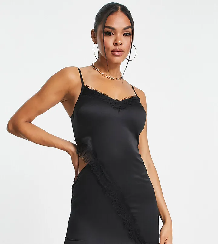 ASYOU cut out satin lace trim cami dress in black