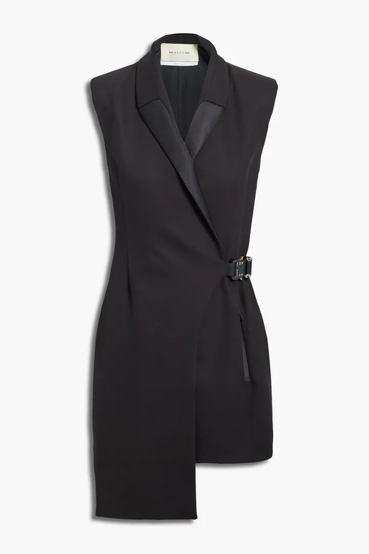 Asymmetric satin-paneled cotton mini dress