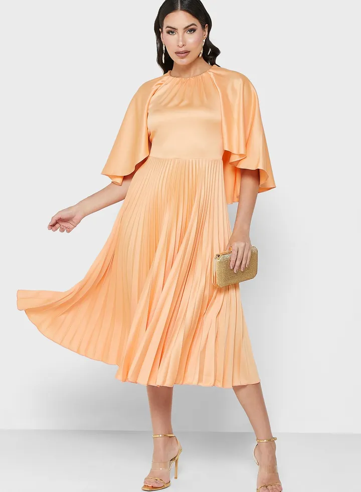 Cape Sleeve Plisse Dress