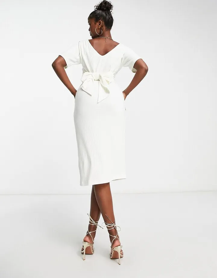 Unique21 V-neck ribbed midi dress with tie detail in cream