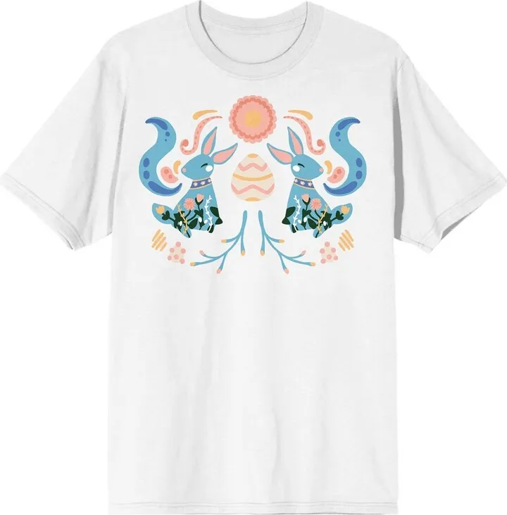 Soft Petal “Easter" Folk Art Women’s White Short Sleeve Crew Neck Tee-Medium