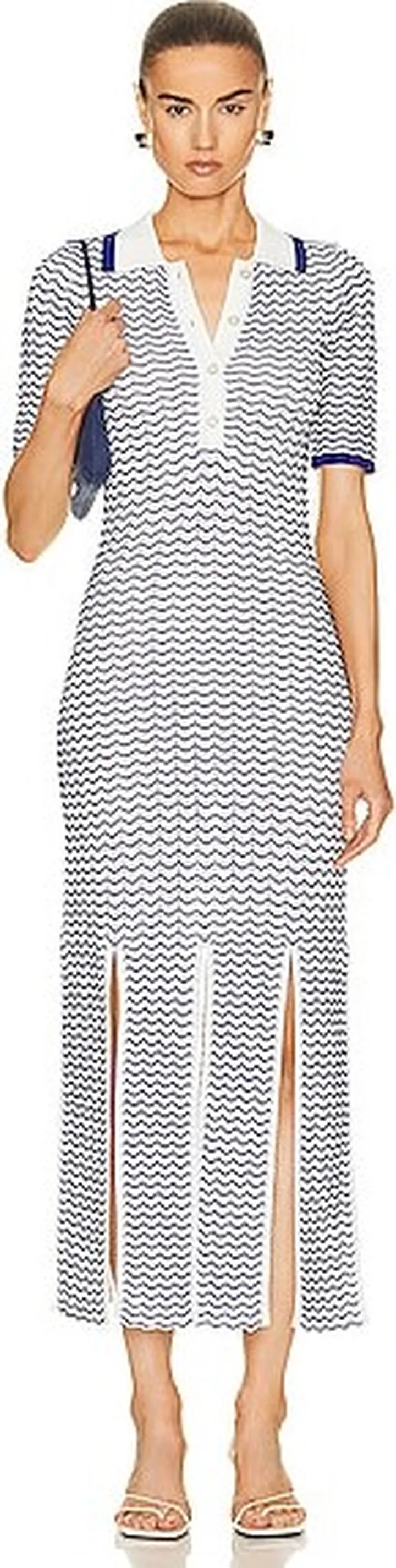 REMAIN 3d Wave Knit Polo Slit Dress in Blue