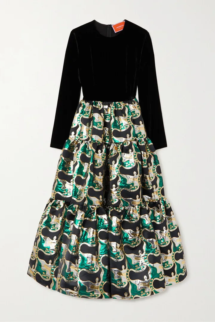 La DoubleJ - Velvet And Metallic Jacquard Midi Dress - Green