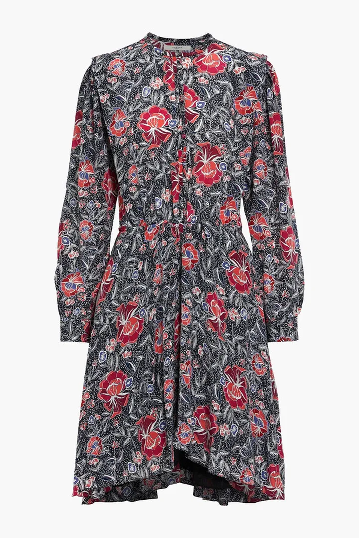 Yandra asymmetric gathered floral-print silk crepe de chine dress