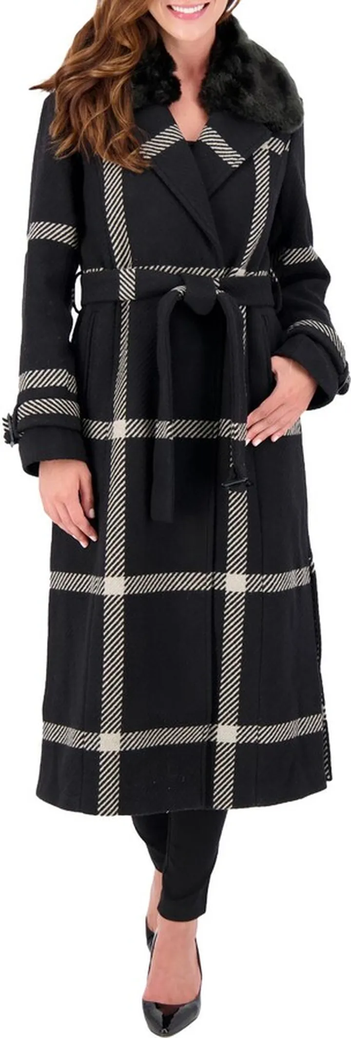 Womens Window Pane Trench Wool Coat