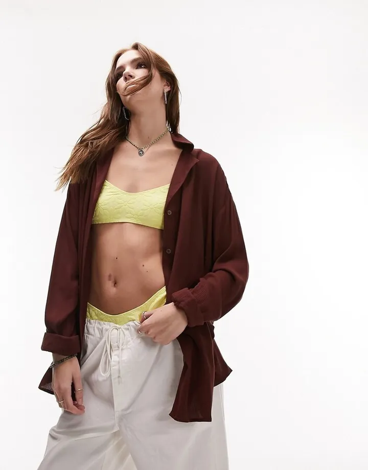 Topshop oversize crinkle beach shirt in chocolate brown