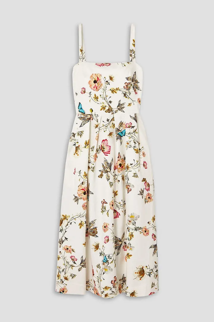 Pleated floral-print cotton-blend midi dress