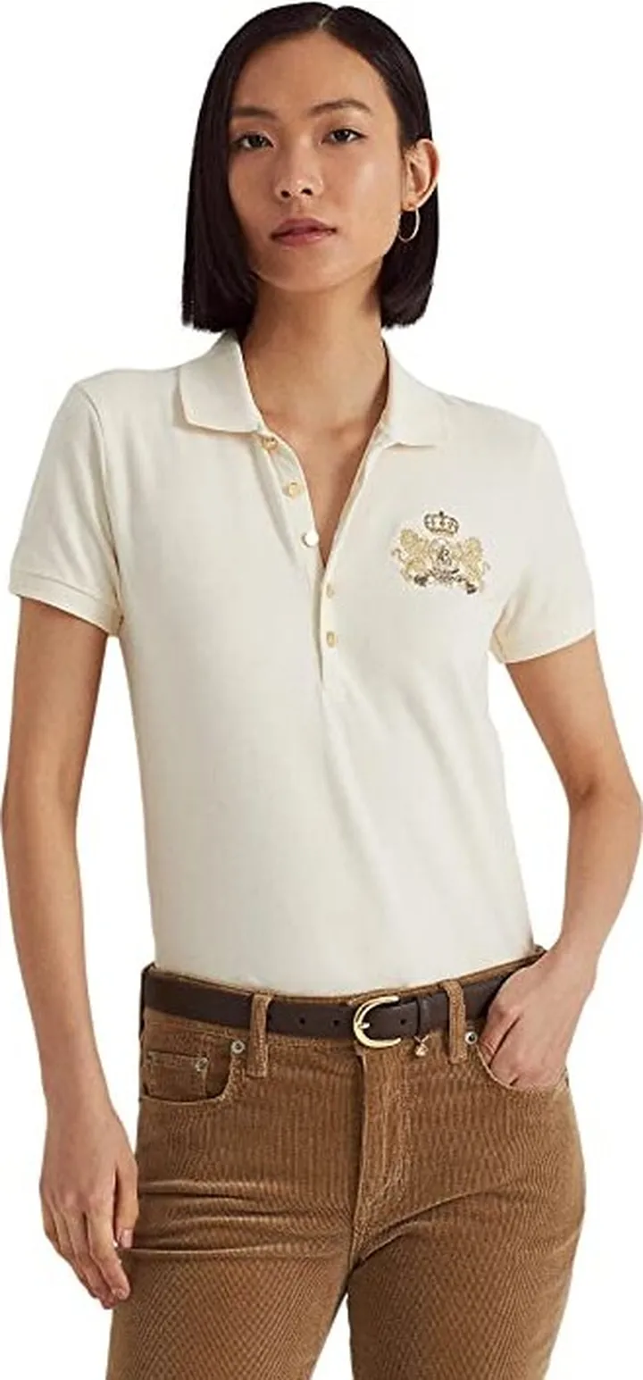 LAUREN Ralph Lauren Beaded-Crest Pique Polo Shirt (Mascarpone Cream) Women's Clothing
