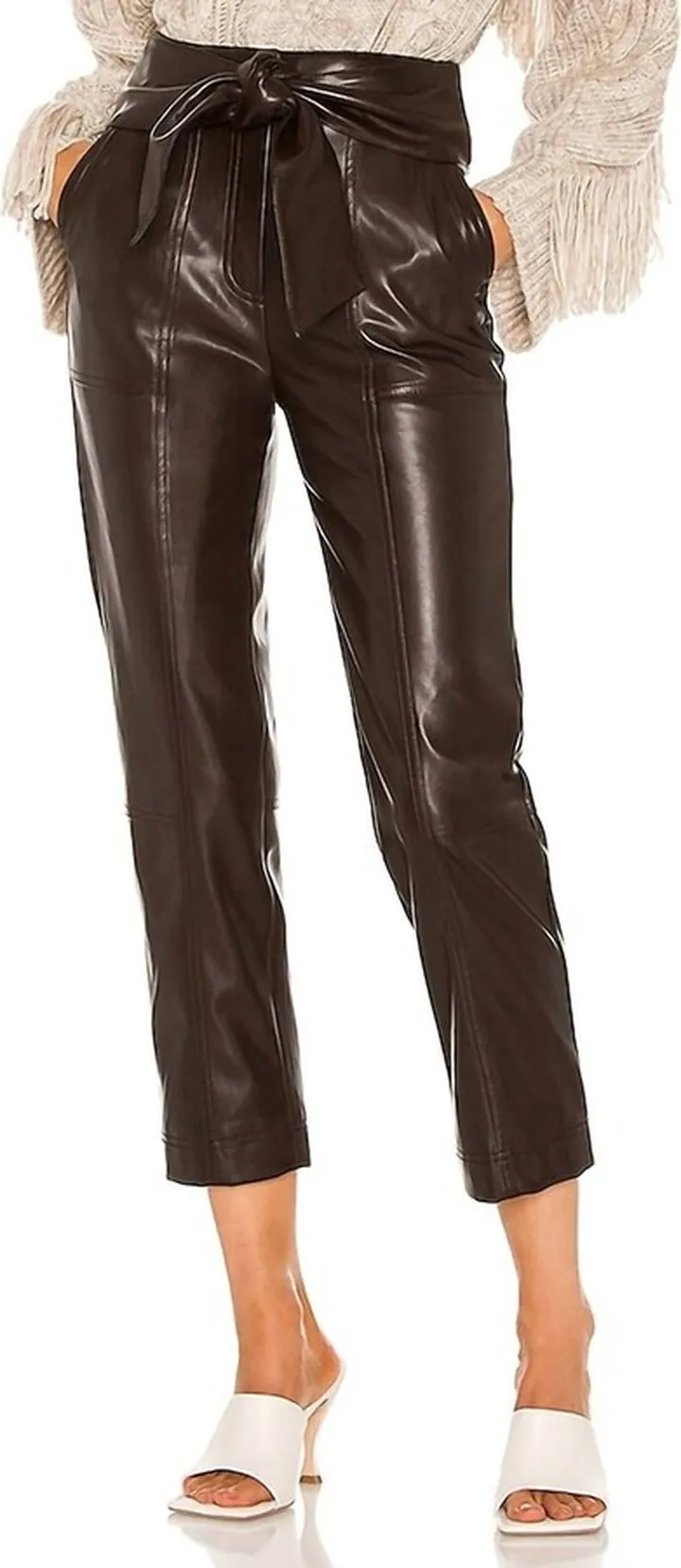 Tessa Vegan Leather Tie Waist Pant in Chocolate