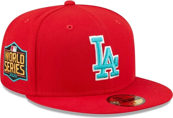 Men's New Era Scarlet Los Angeles Dodgers 2020 World Series Teal Undervisor 59Fifty Fitted Hat