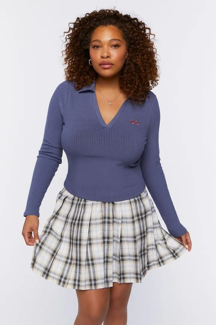 Plus Size Ribbed Cherries Graphic Polo Shirt