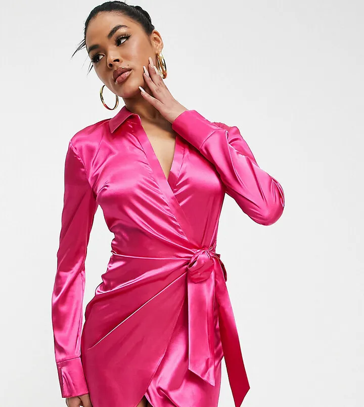 ASYOU satin wrap shirt mini dress in pink