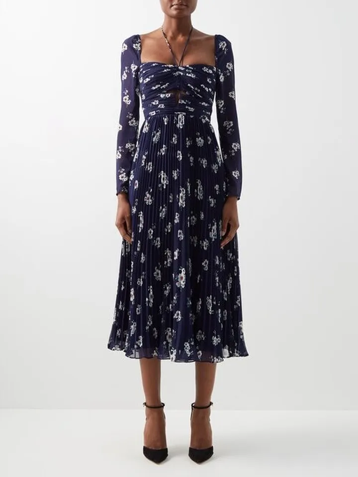 Pansy-print Pleated-chiffon Midi Dress