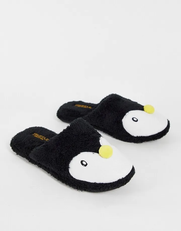 Truffle Collection christmas penguin mule slipper in black
