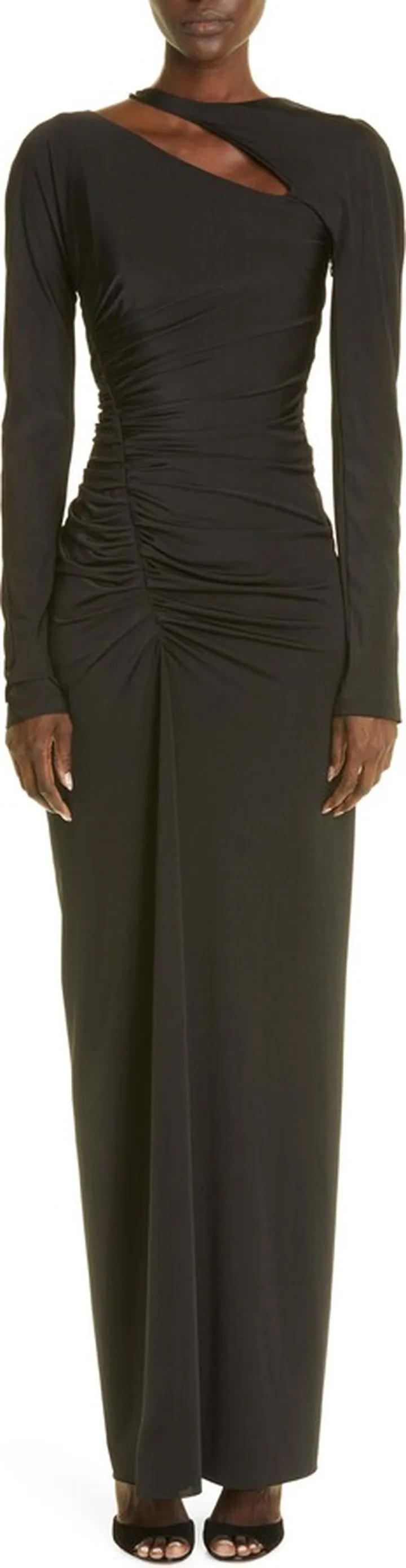 Ruched Long Sleeve Asymmetric Neck Jersey Column Gown