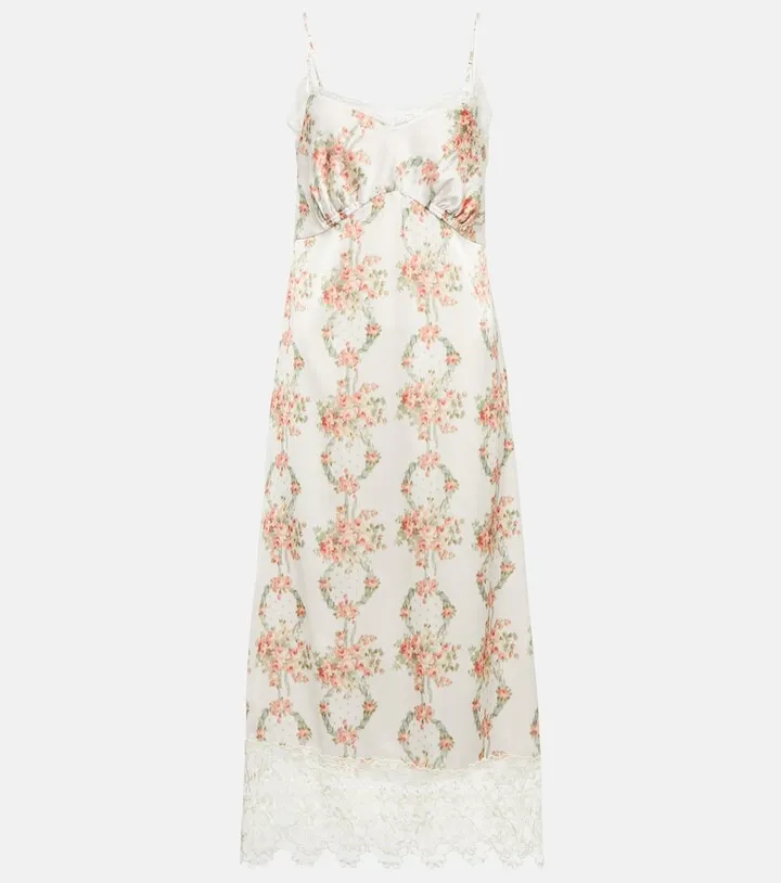 Floral lace-trimmed satin slip dress