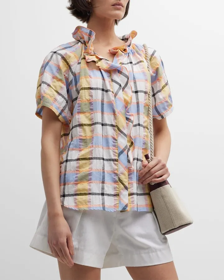 Frankie Ruffle-Trim Plaid Camp Shirt