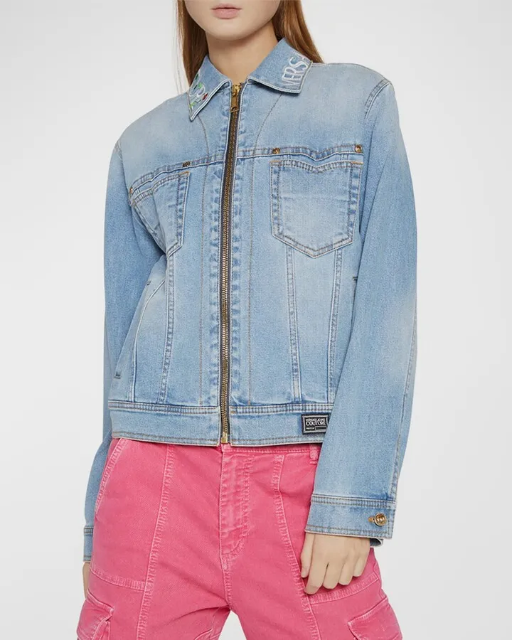 Embroidered Zip-Front Denim Jacket